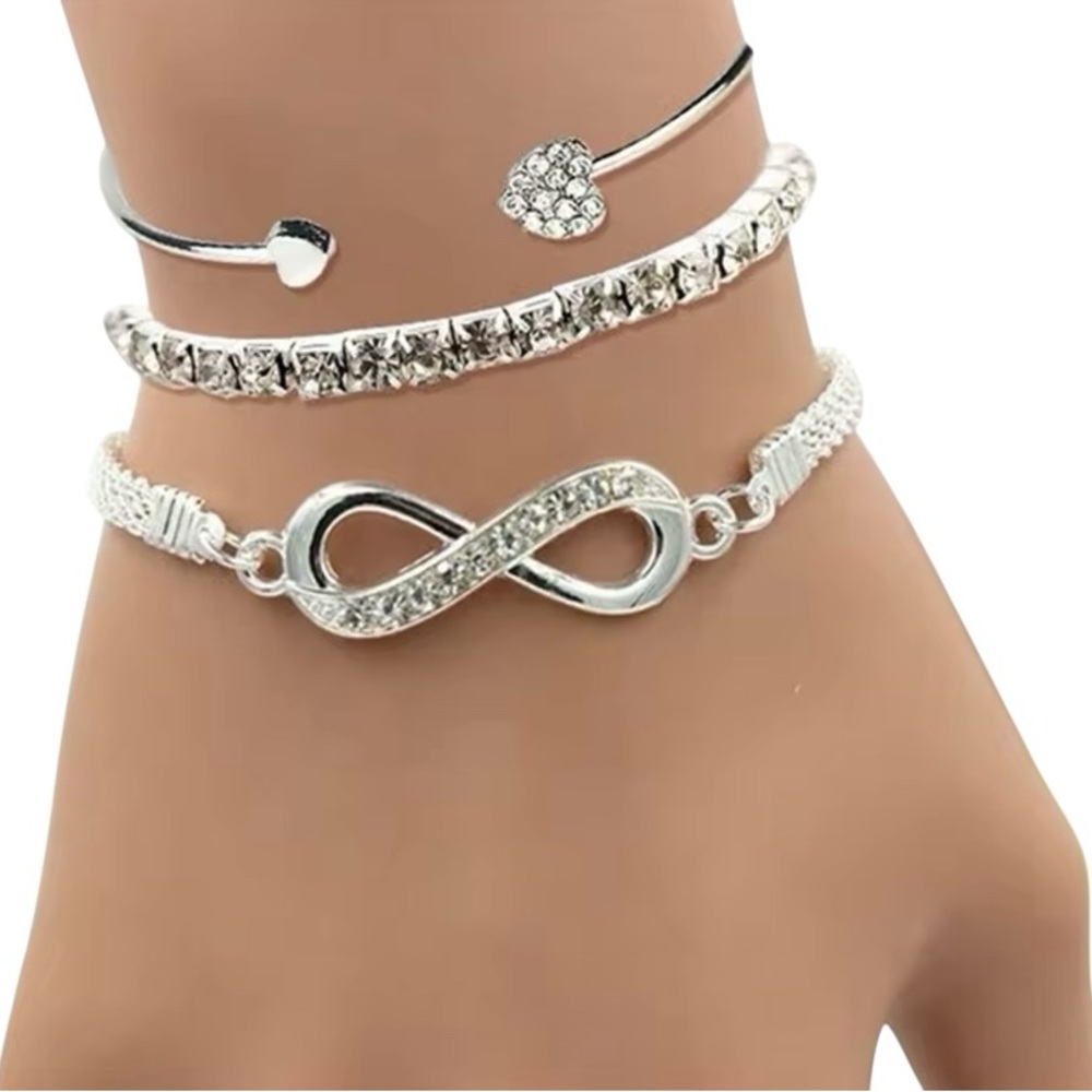 Infinity Bracelet Bangle Jewelry Set With Crystal Rhinestones & Heart Designs